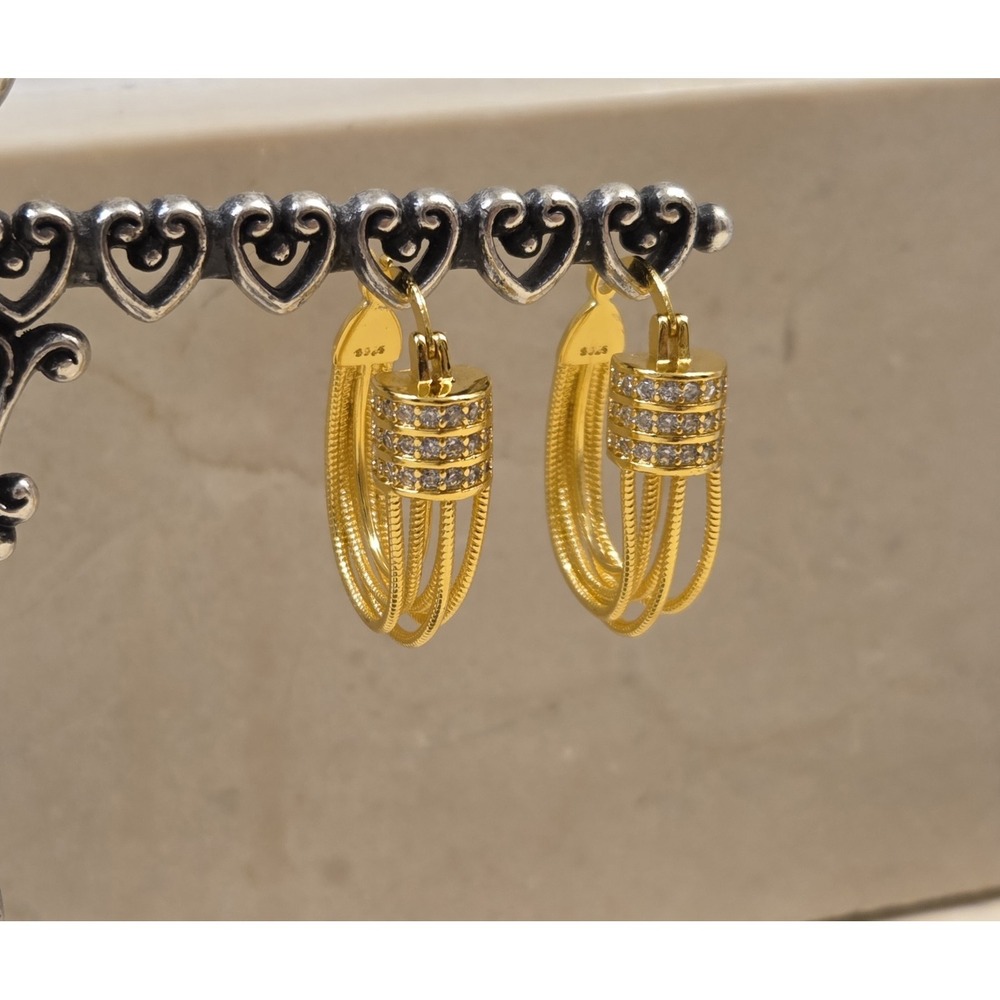 Stunning Sterling Silver Chandelier Hoop‎ Earrings Pave CZ 30mm Bright Gold Tone